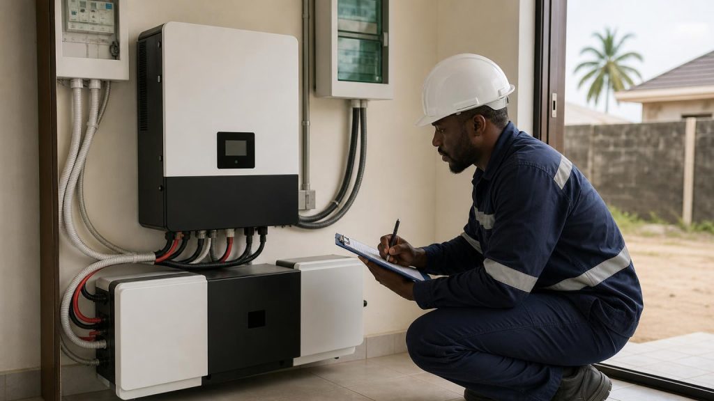 Qualified technician inspecting a solar system before it is switched back on