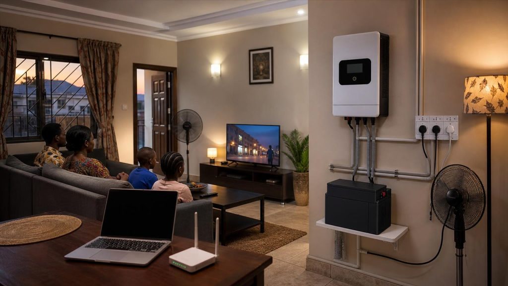 A 1kVA inverter supplying essential lights, fans, television and internet equipment in a Nigerian home