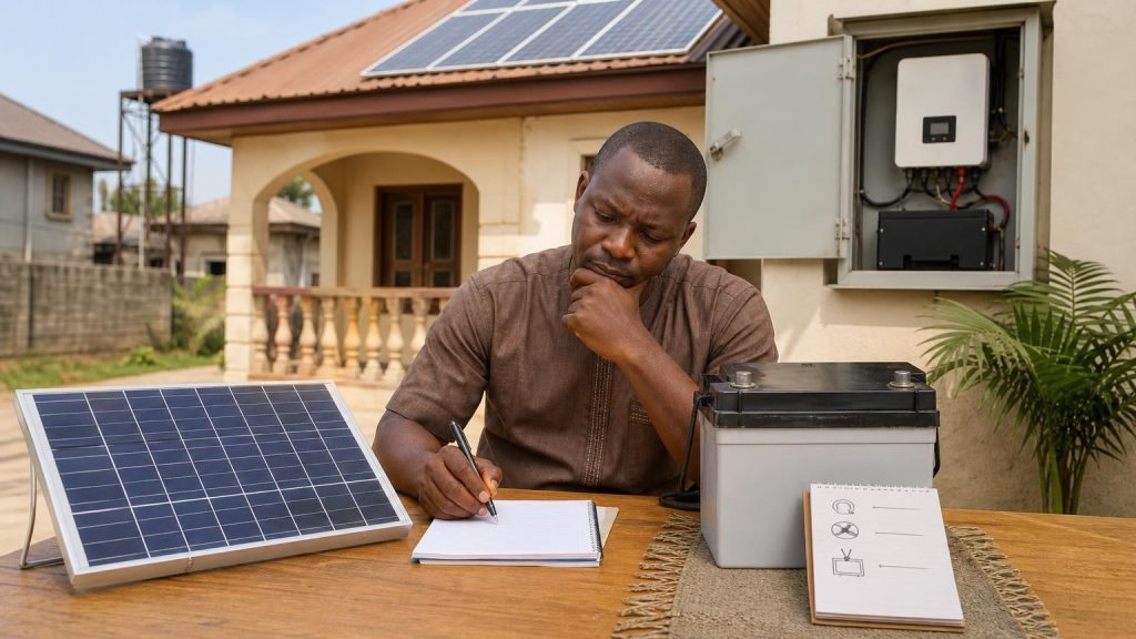 A Nigerian homeowner comparing load reduction, extra solar panels and a larger battery on a solar upgrade worksheet