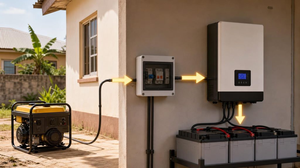 Illustration showing the safe power path from a generator through an inverter to a battery