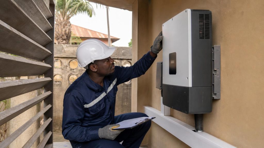 Technician checking solar inverter ventilation and dust in Nigeria
