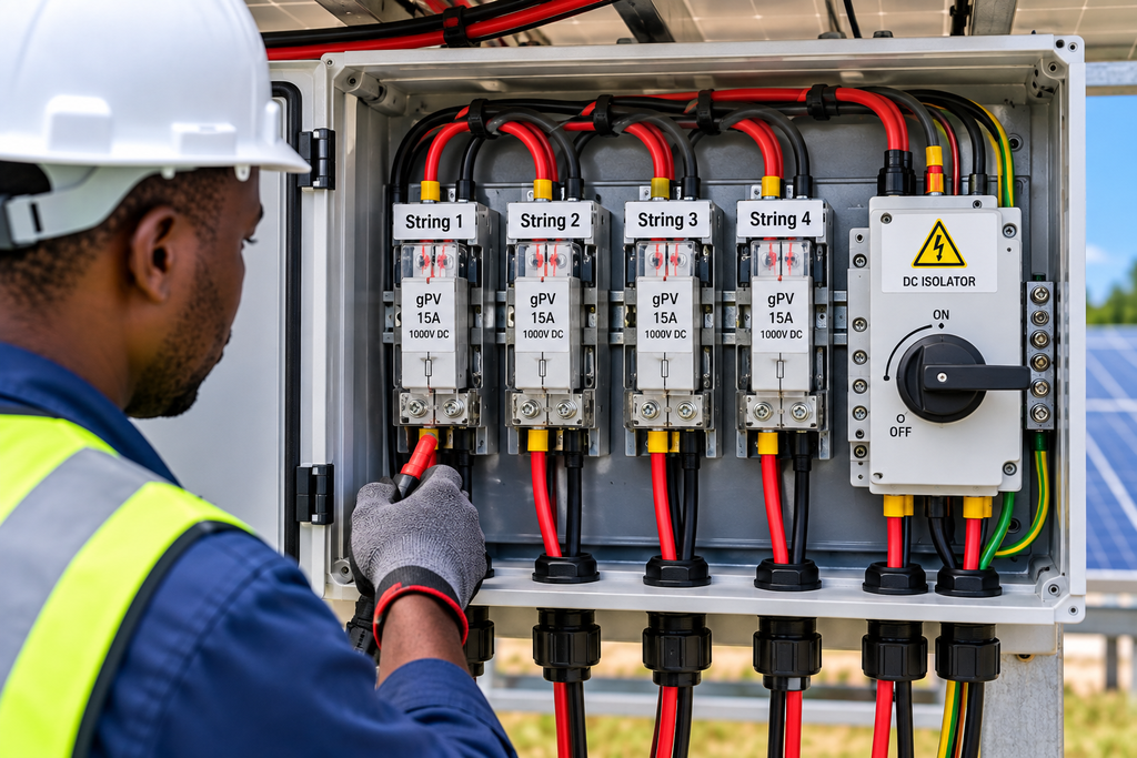 Solar PV combiner box with string fuses and DC protection