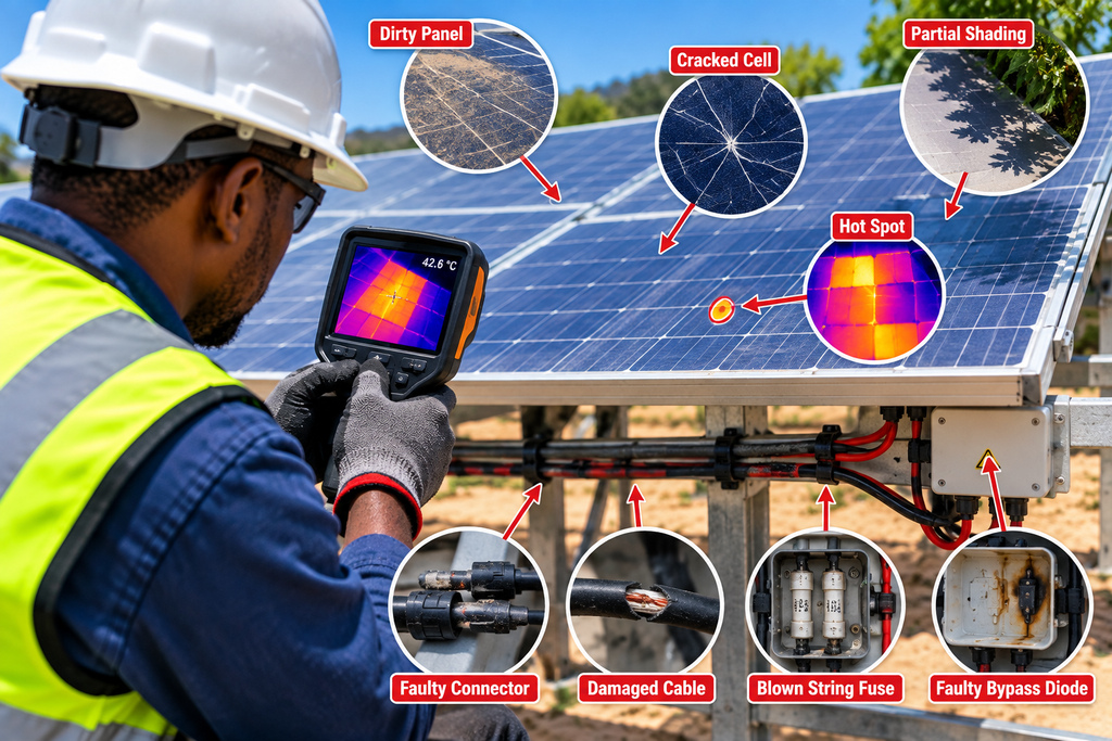 Solar PV string low current troubleshooting flowchart