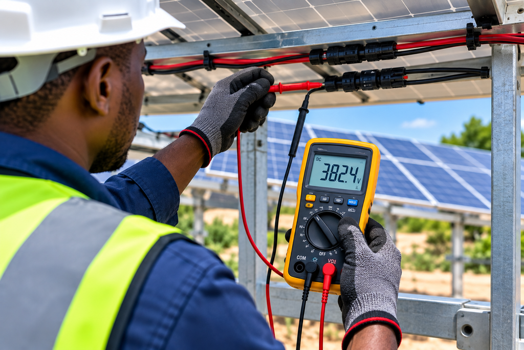 Technician measuring current from a solar PV string