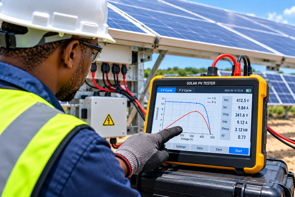 Technician performing I-V curve testing on a solar PV array
